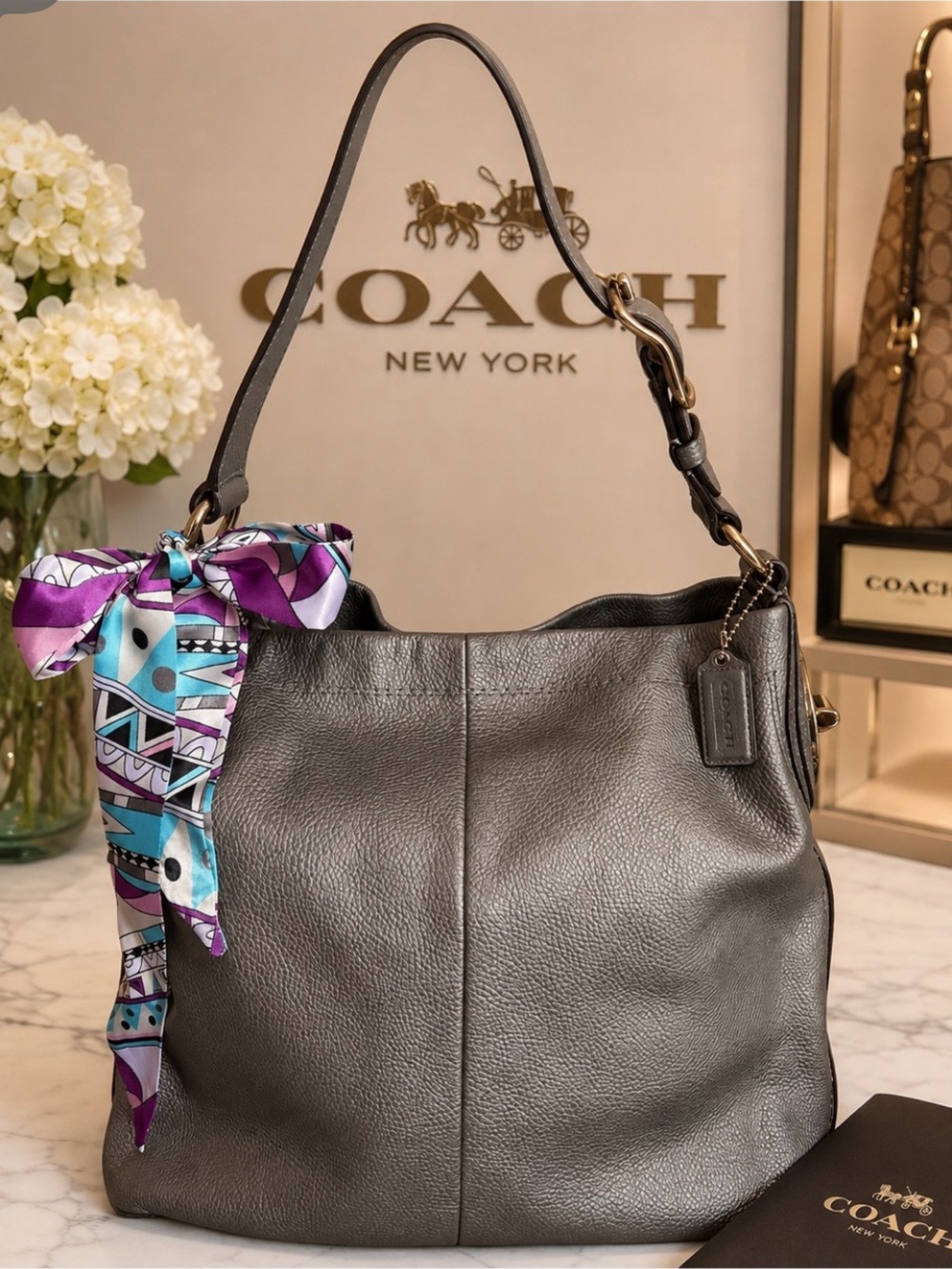 Coach Metallic Silver Leather Shoulder Bag with hang tag and bag scarf like new